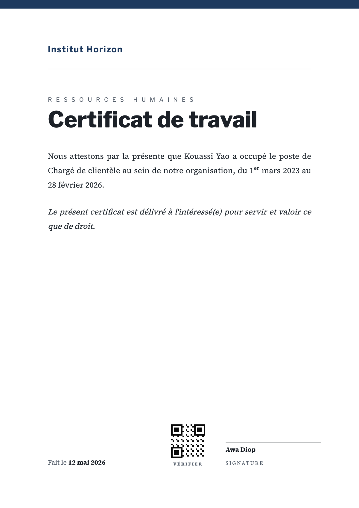 Aperçu du modèle Certificat de travail — attestation