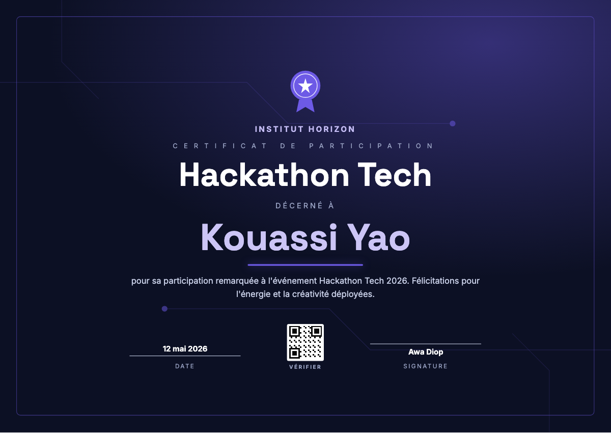 Aperçu du modèle Certificat hackathon — participation