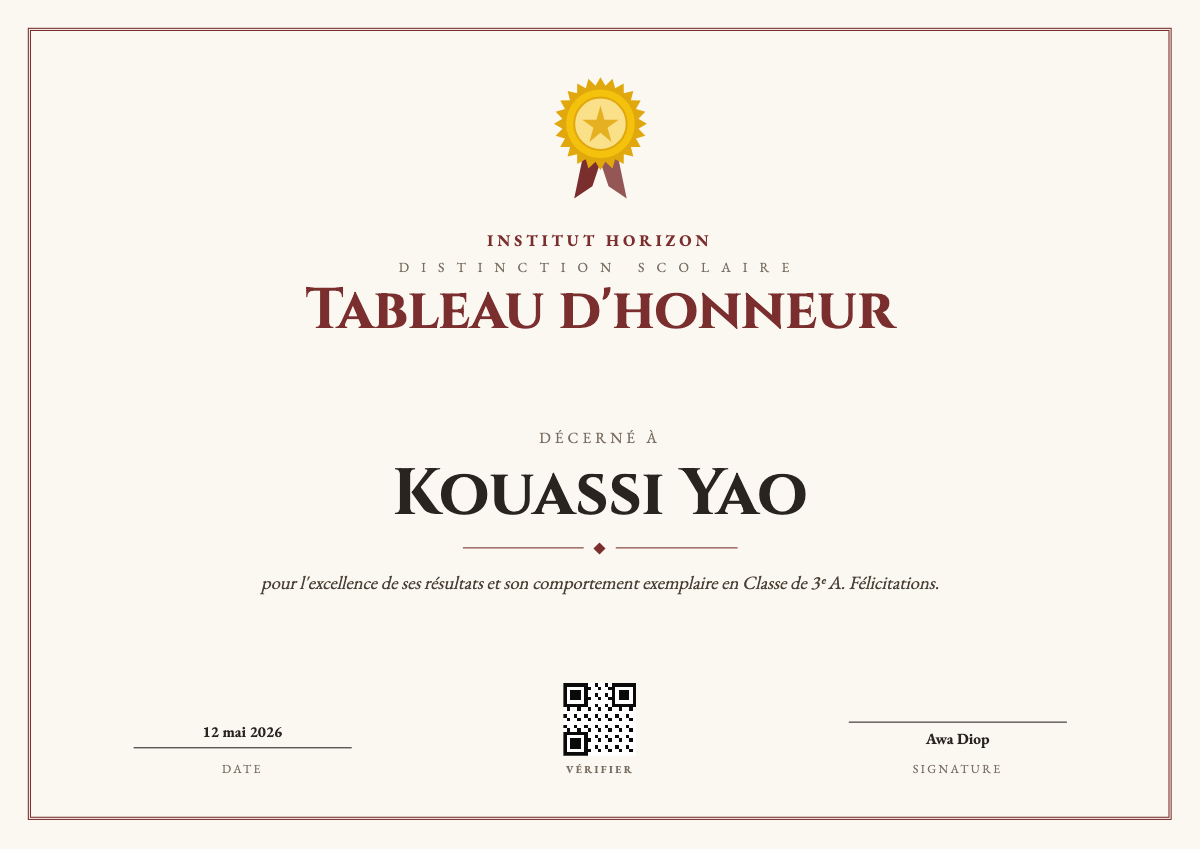 Aperçu du modèle Tableau d'honneur — distinction